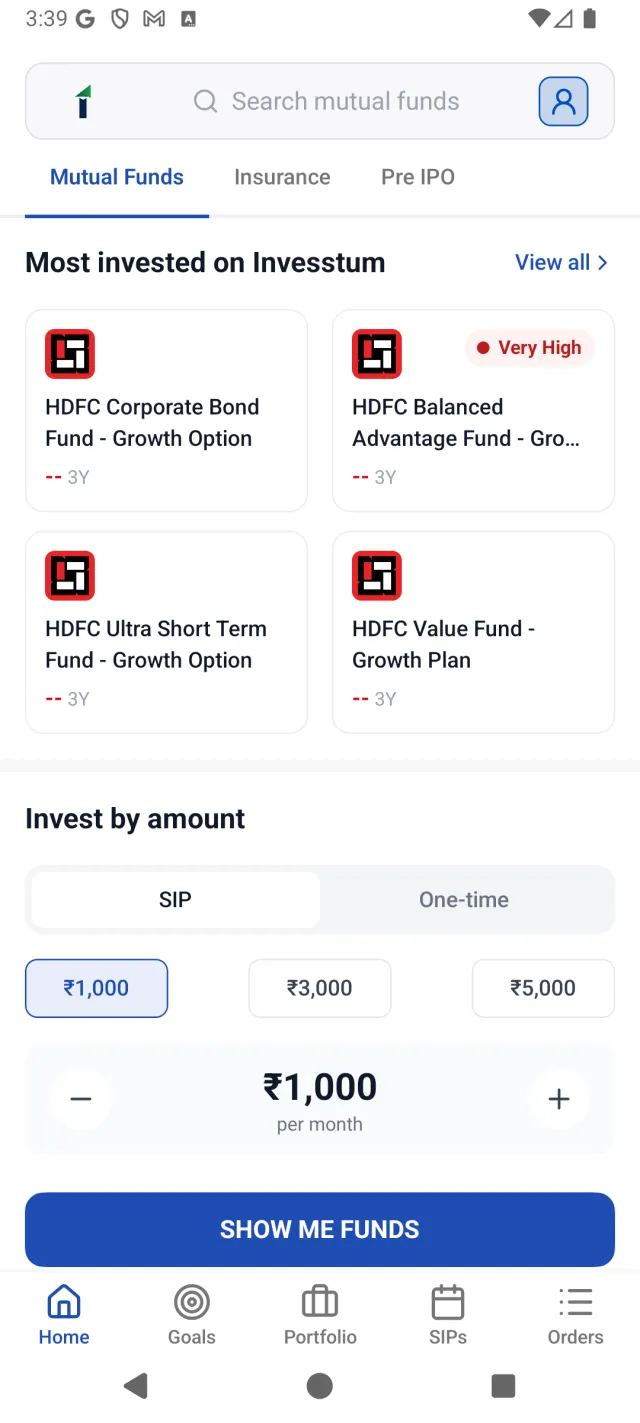 Invesstum app home screen with popular mutual funds and a SIP amount picker